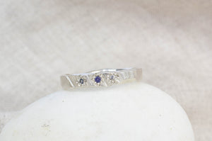 Narrow Bark Band with Blue Sapphires - Sterling Silver