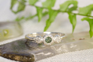 Aura Ring - Sterling Silver with Green Sapphire and Diamonds