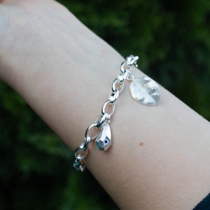Charm Bracelet - Leaf and Sapphire Drop - Sterling Silver