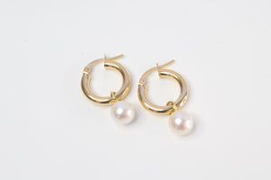 Round Pearl Drop Hoop Earrings - White - 9ct Yellow Gold