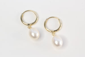 Pearl Drop Huggie Earrings - White - 9ct Yellow Gold