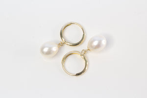 Pearl Drop Huggie Earrings - White - 9ct Yellow Gold