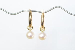 Round Pearl Drop Hoop Earrings - White - 9ct Yellow Gold