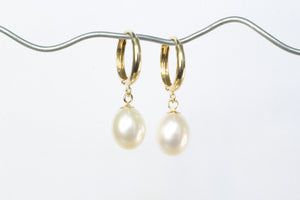 Pearl Drop Huggie Earrings - White - 9ct Yellow Gold