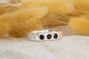 Bark Band with Three Garnets - Sterling silver