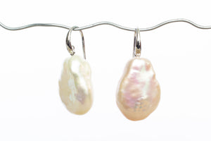 Flat-Baroque Pearl Drop Hook Earrings - White - Sterling Silver