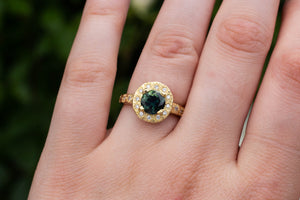 Halo Ring - 18ct Yellow Gold with Green Sapphire and Diamonds