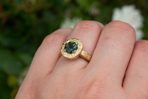 Halo Ring - 18ct Yellow Gold with Green Sapphire and Diamonds