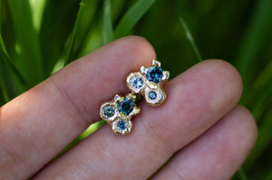 Cluster Studs - 9ct Yellow Gold with Blue-Green Sapphires