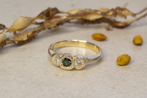 Torci Ring - 9ct Yellow Gold with Blue-Green Sapphire and Diamonds