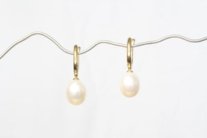 Oval Pearl Drop Huggie Earrings - White - 9ct Yellow Gold