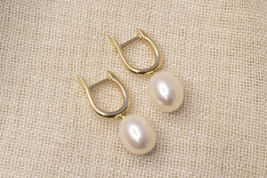 Oval Pearl Drop Huggie Earrings - White - 9ct Yellow Gold