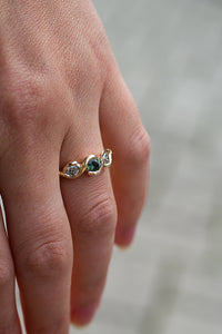 Three Stone Leaf Ring with Sapphire and Diamonds